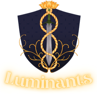Luminants Team Crest: a dark purple shield with a sword in the middle. On top of the sword is a golden lotus with golden rope extending down the sword's shaft. There is filligre extending upward from the bottom of the shield like light reaching to the sky.